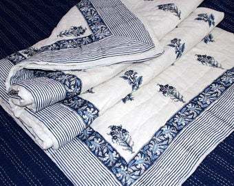 Jaipuri Hand Block Printed Machine Quilt - 100% Cotton, Queen Size (90x108 Inches) | Soft, Warm, Eco-friendly, Handmade, Vibrant Colors, Unique Artisan Craftsmanship