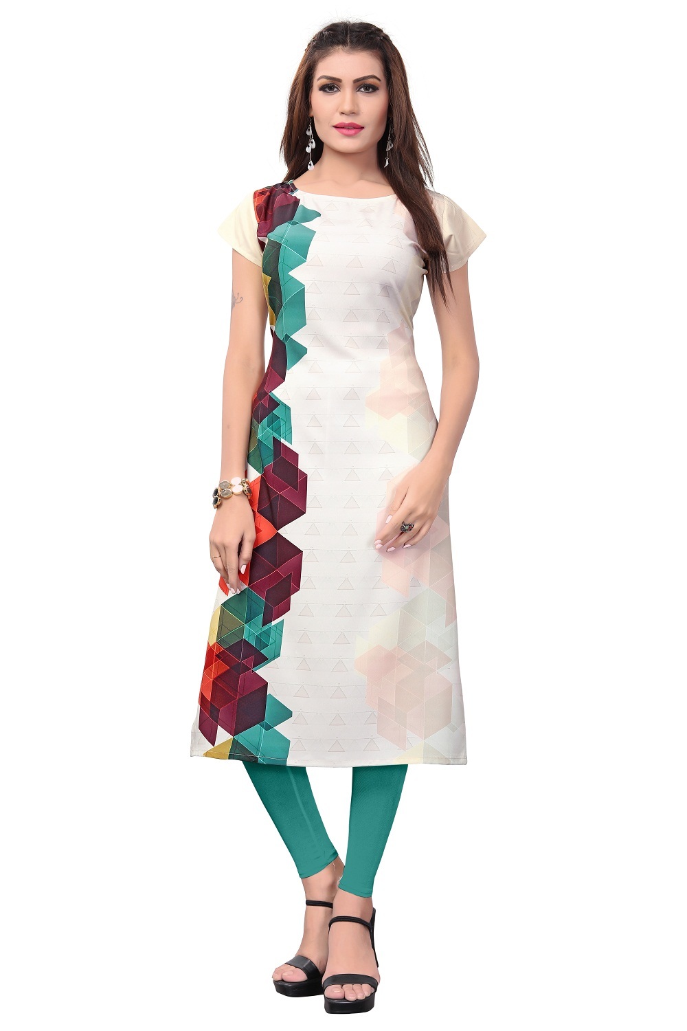 Women's Printed Crepe Kurtis - Soft American Crepe, Sizes M(38) To 3xl(46), Multicolor, Cap & 3/4 Sleeve, Boat Neck, Length 46-47 Inch, Daily Wear Style