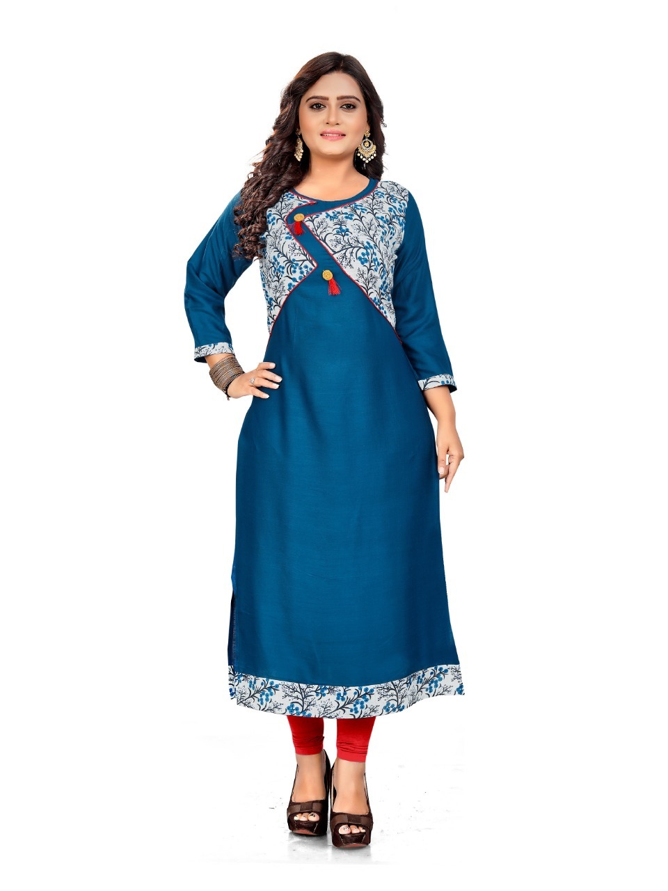 Designer Kurti - Rayon-cotton Fabric, Sizes M(38"), L(40"), Xl(42"), Xxl(44"), Colors: Marron, Blue, Sky, Yellow, Gray, Full Stitched, Round Neck, Casual Ethnic Wear