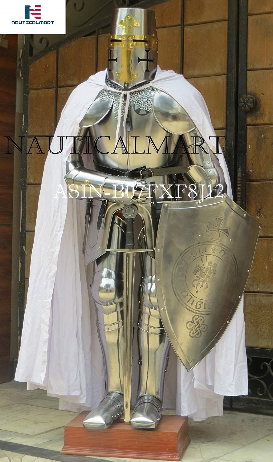 Silver Nauticalmart Knight Templar Suit Of Armor Crusader Renaissance Armour Custom Halloween Cape, Sword, Shield, Chainmail