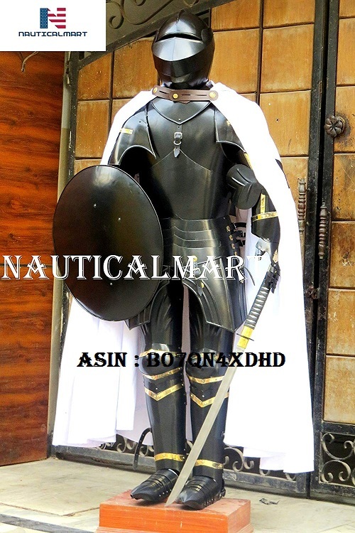 Black Nauticalmart Medieval Knight Suit Of Armor Sword, Shield, Cloak Combat Blackened Body Armour Replica