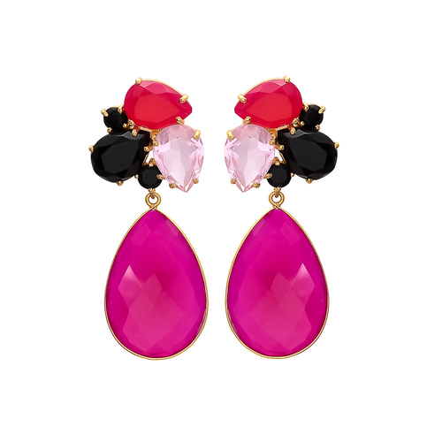 Pear Fuchsia Rose & Black Onyx Gemstone Earrings