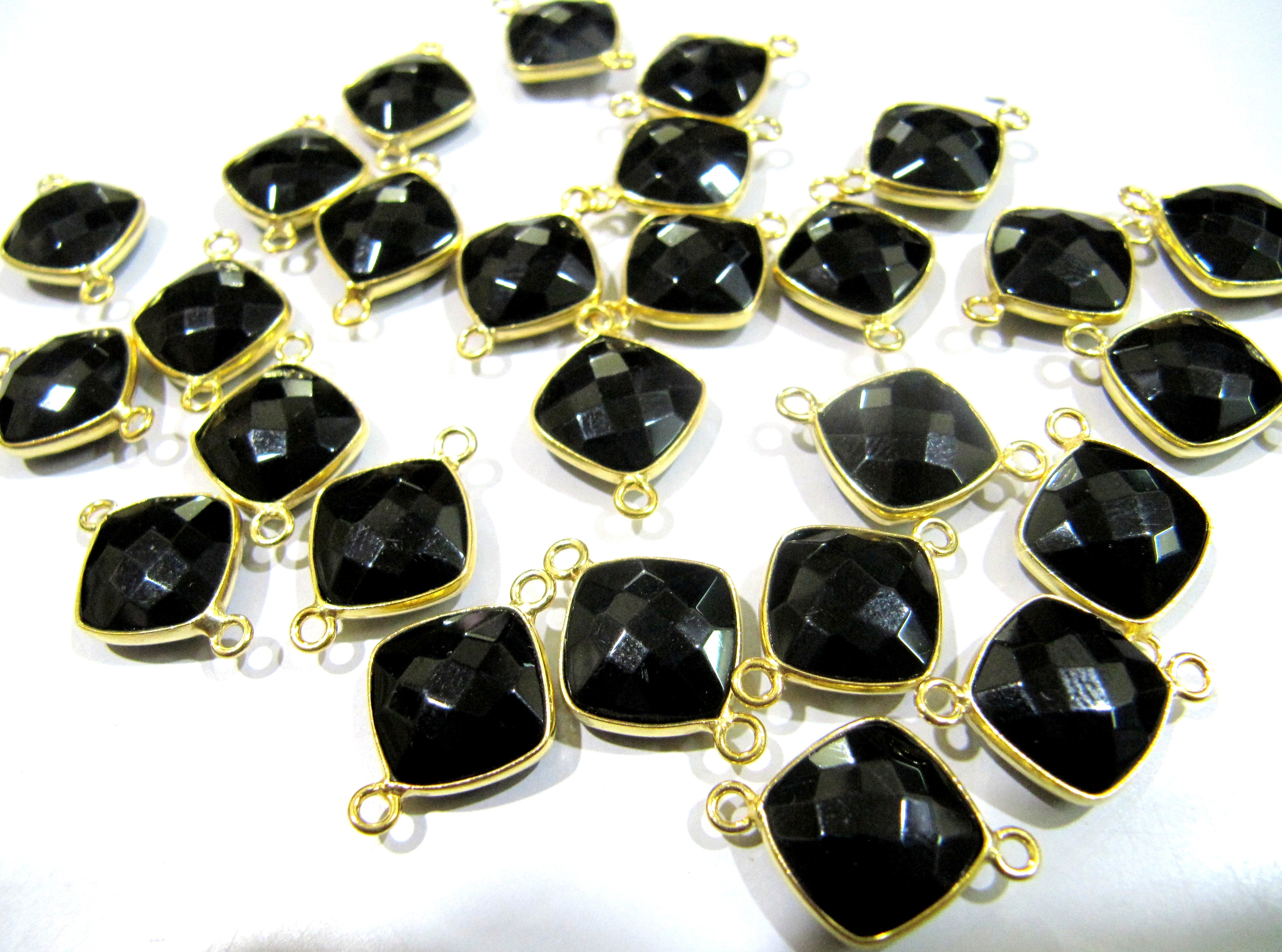 Stone 2 Pcs Natural Black Spinel Double Loop Briolette Connector Cushion Shape Size 11mm. (Rose Gold)