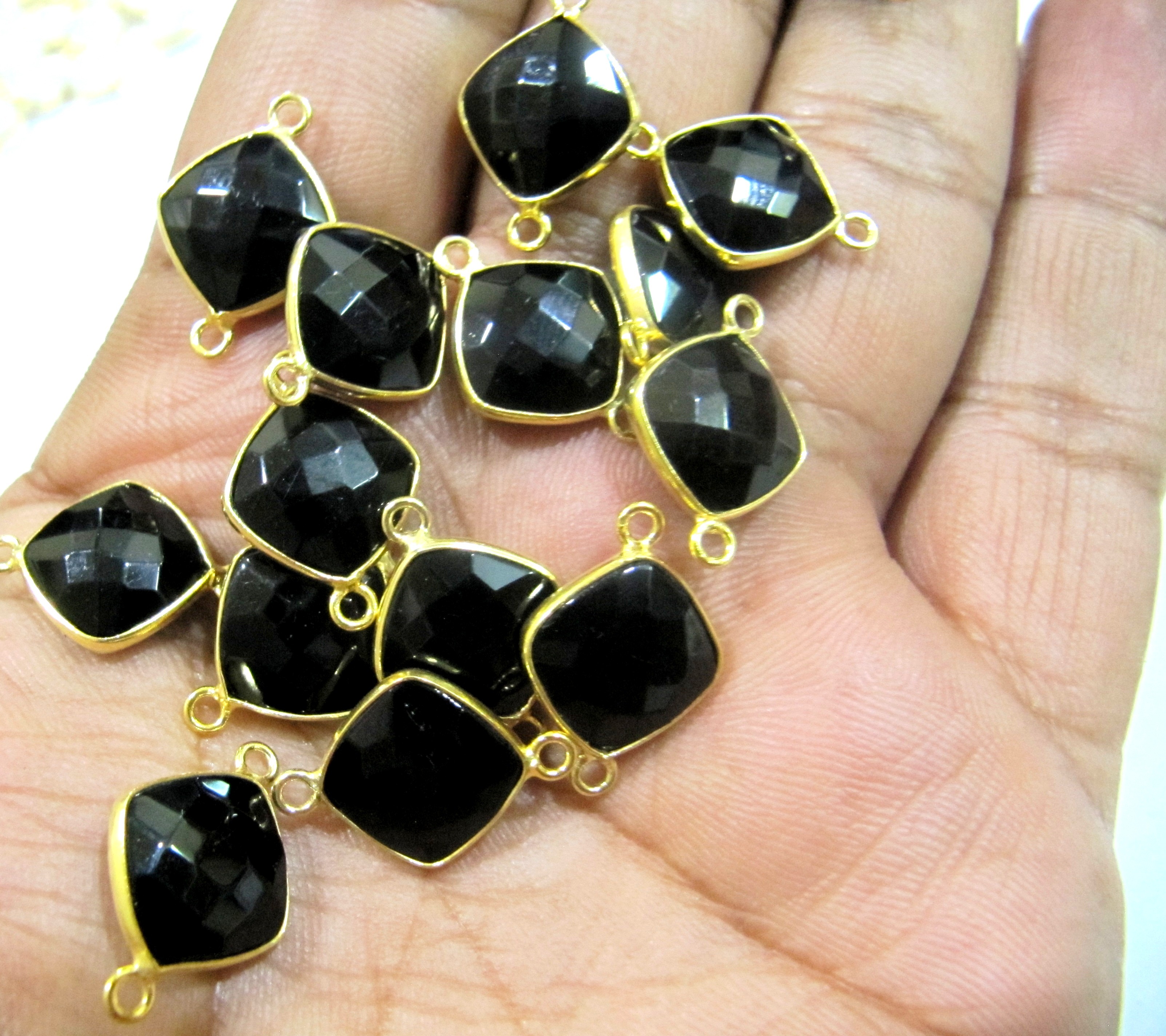 Stone 2 Pcs Natural Black Spinel Double Loop Briolette Connector Cushion Shape Size 11mm. (Rose Gold)
