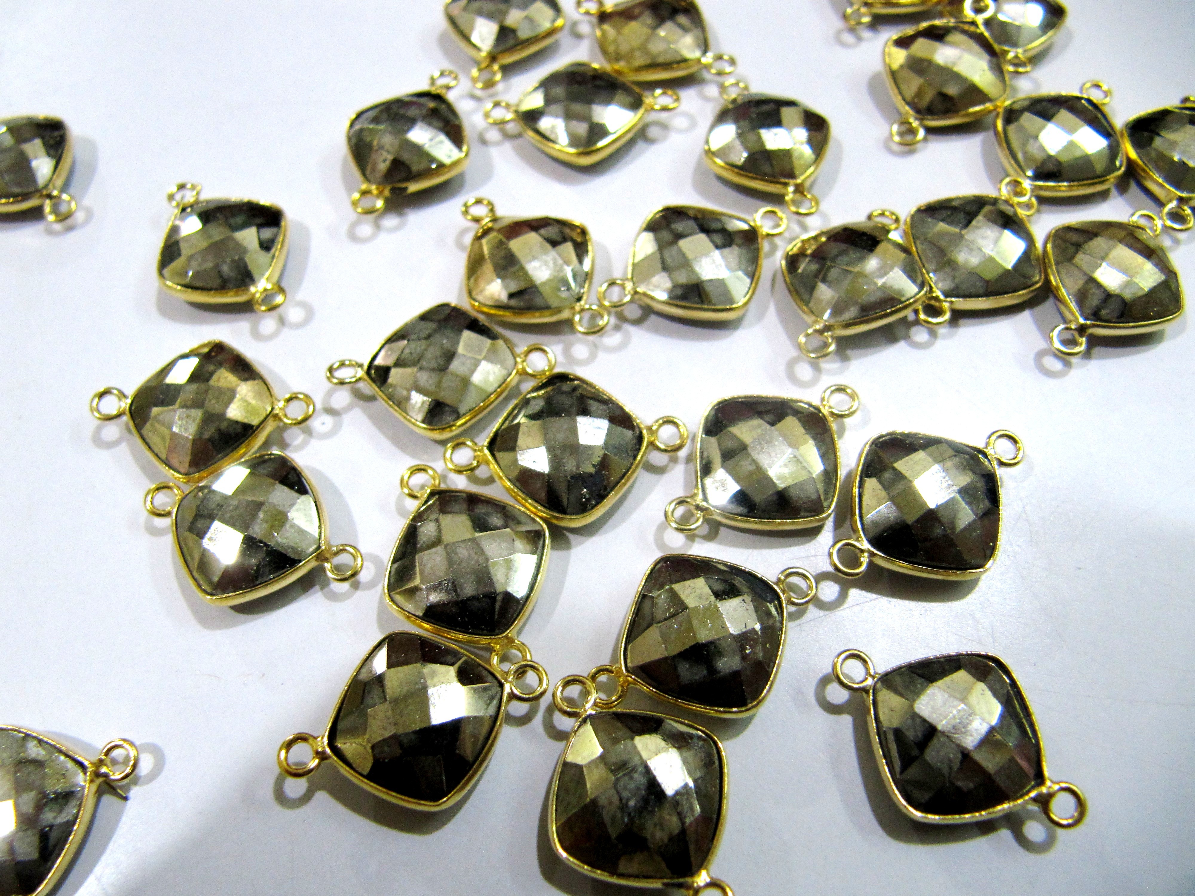 Natural Pyrite Double Loop Briolette Connector Cushion Shape Size 11mm Gold Plated.