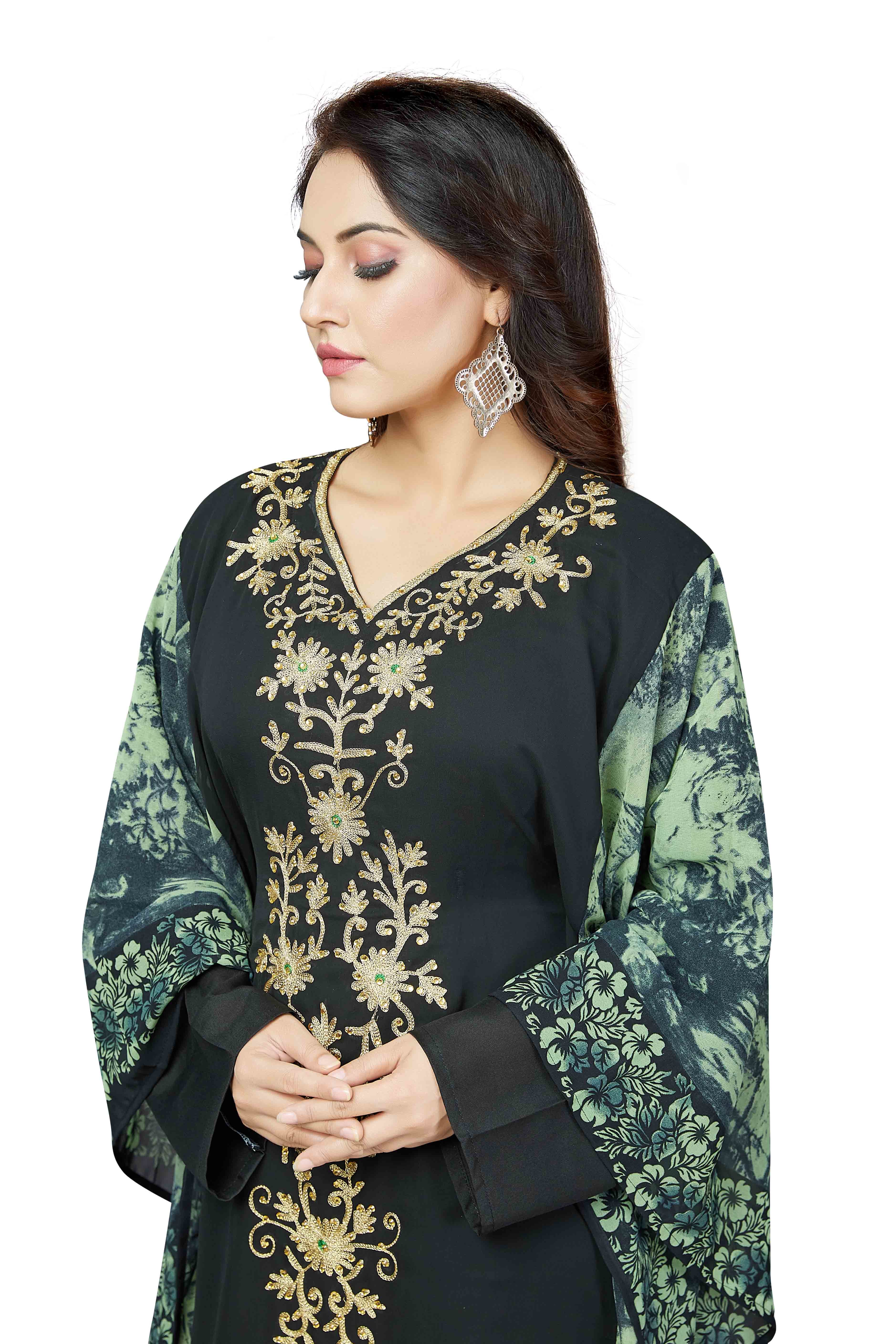 Heavy Embroidered Farasha - 58 Inches Length, Black With Embellished Side Print | Free Size, Plus Size, Dry Clean Only, Washable