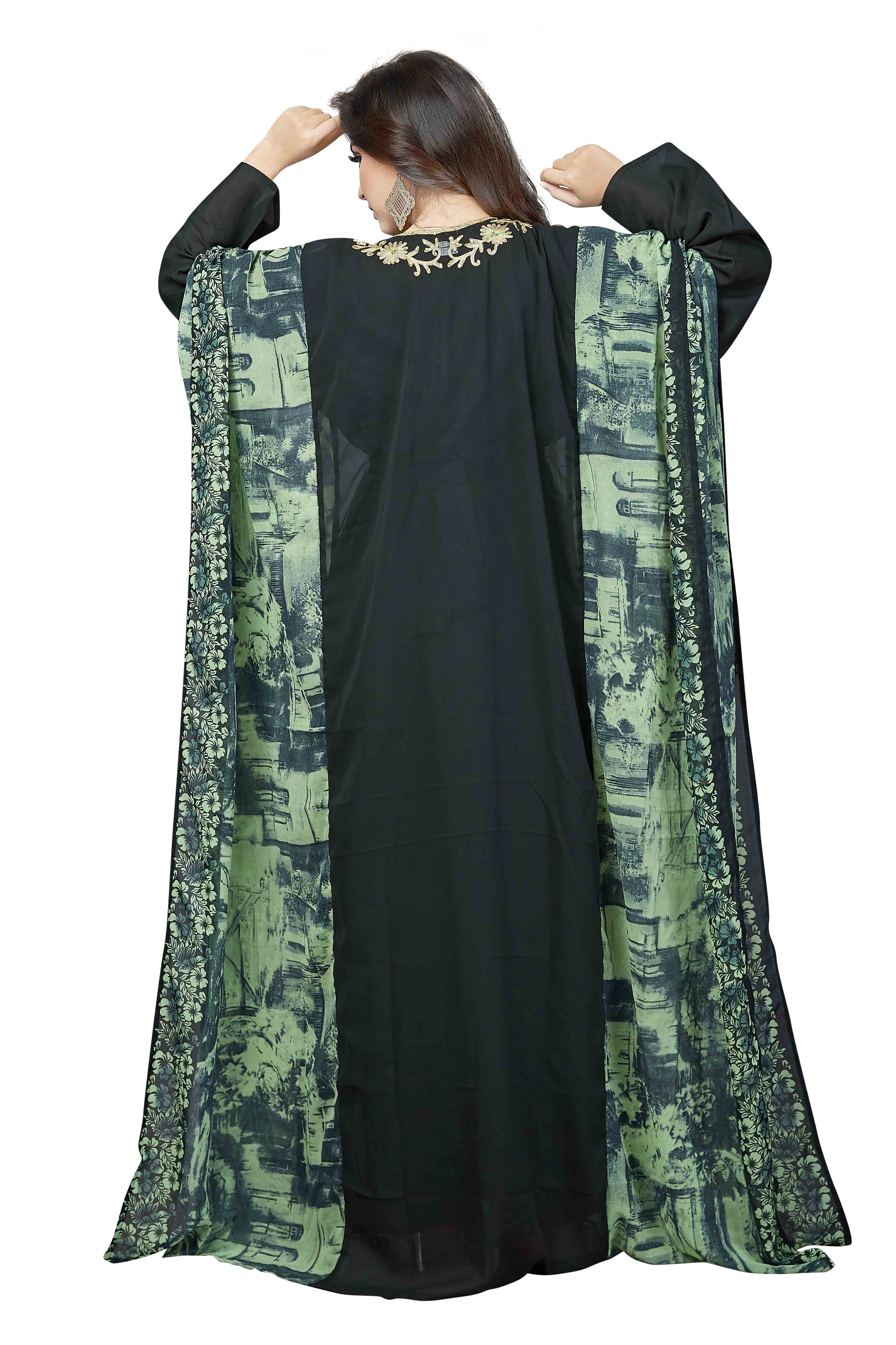 Heavy Embroidered Farasha - 58 Inches Length, Black With Embellished Side Print | Free Size, Plus Size, Dry Clean Only, Washable