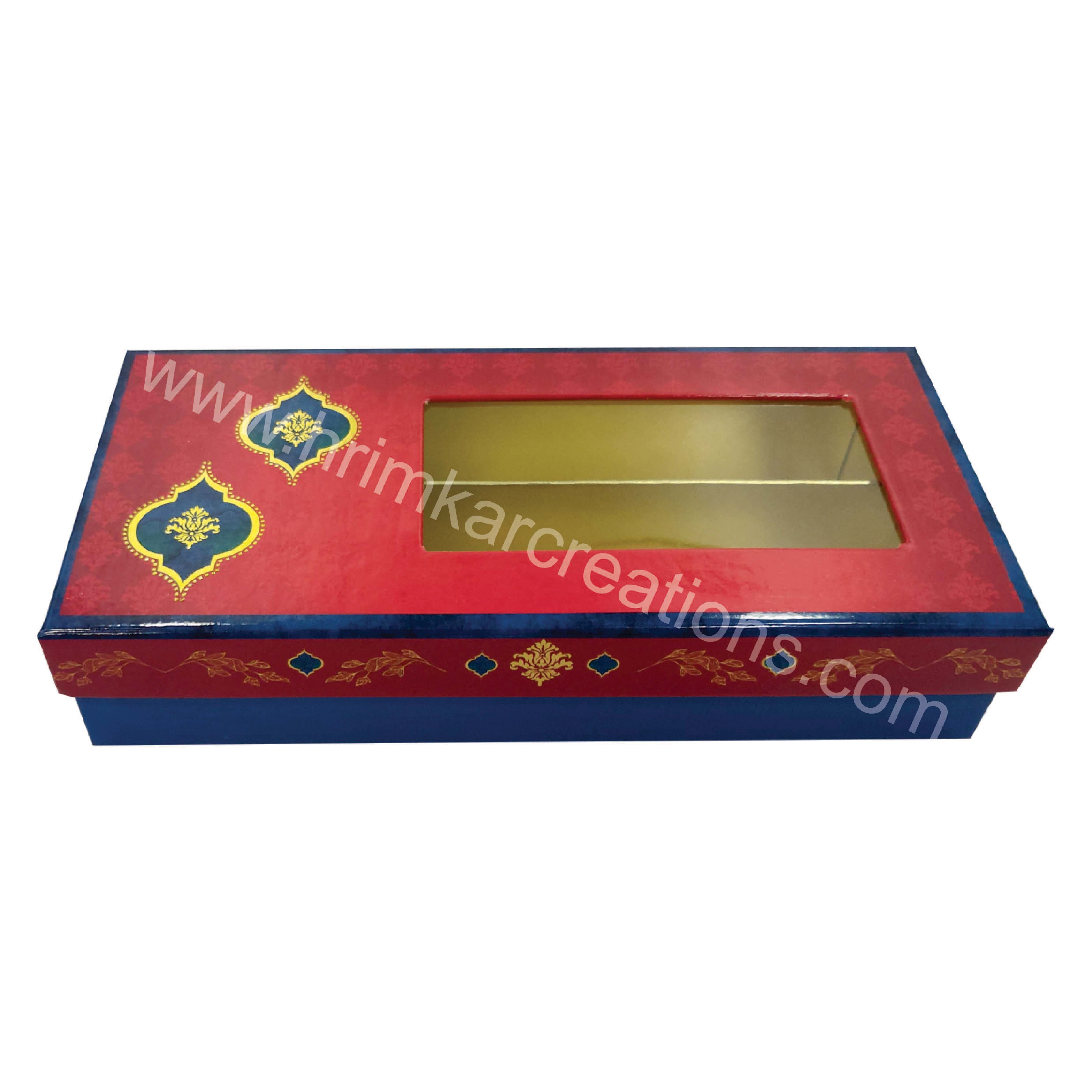 Neer Sweet Packaging Box 1/4kg, 1/2kg & 1kg - Rigid Paper Material, 8.25"x3.75" Size, Red & Blue With Gold Foil, Transparent Window, Customizable Design