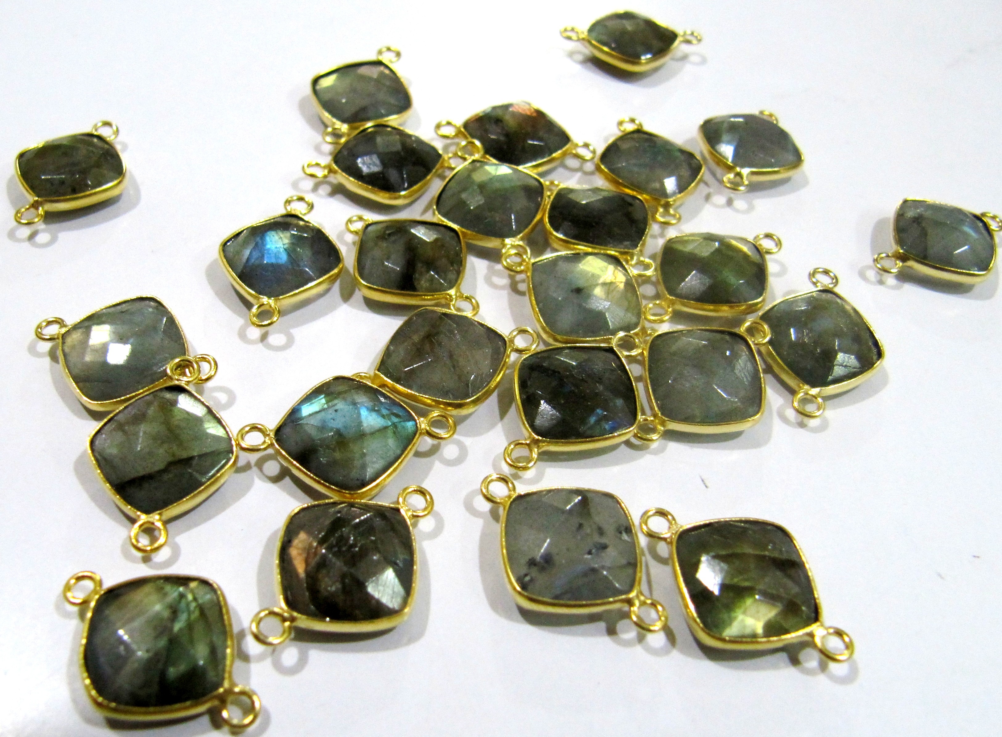 Grey 2 Pcs Natural Labradorite Double Loop Briolette Connector Cushion Shape Size 11mm