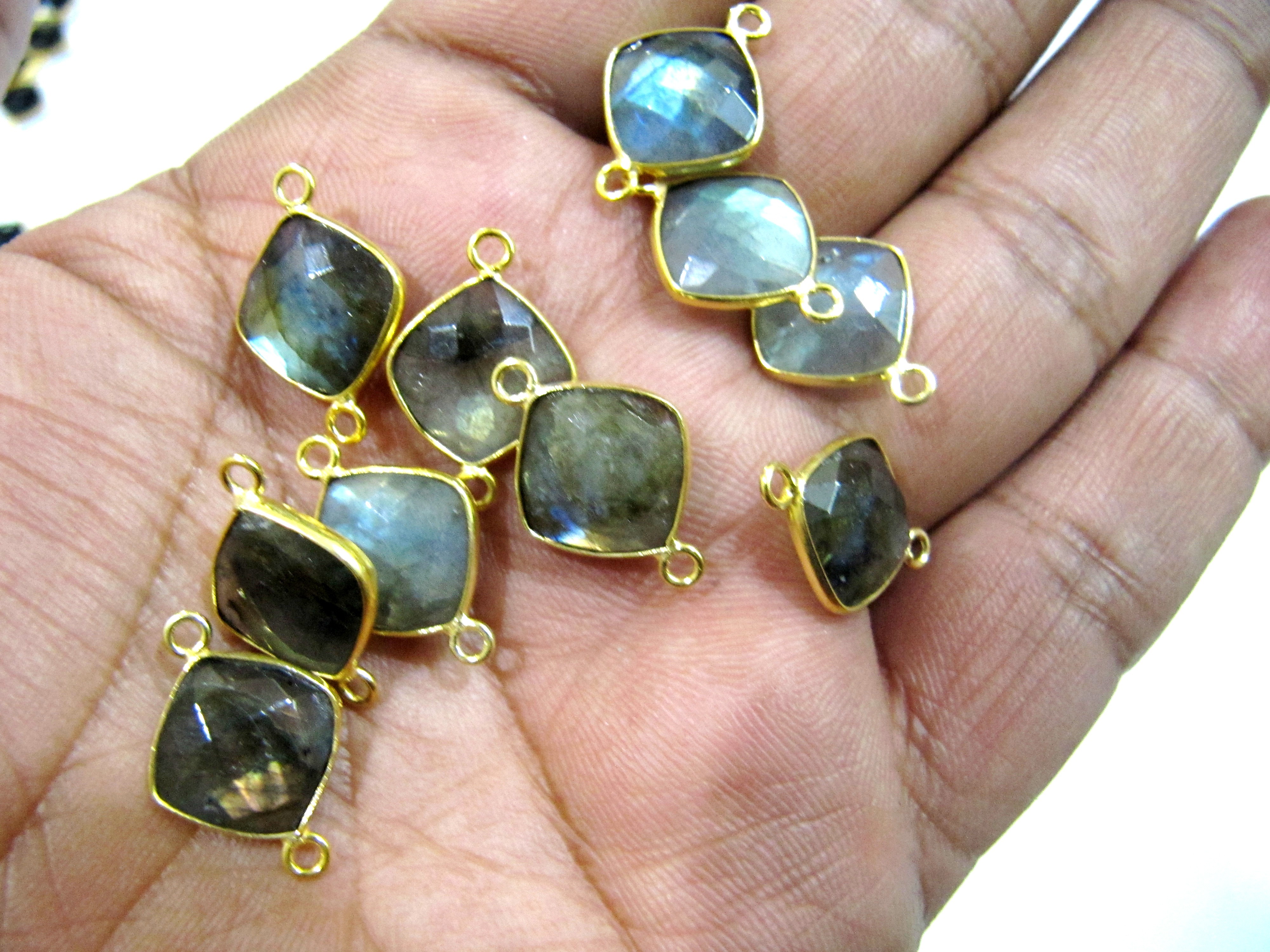 Grey 2 Pcs Natural Labradorite Double Loop Briolette Connector Cushion Shape Size 11mm