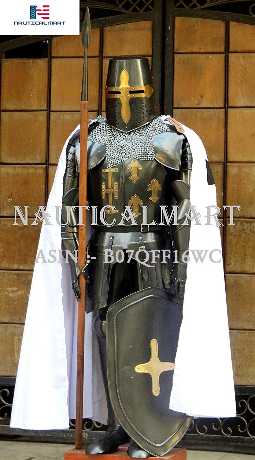 Black Nauticalmart Medieval Knight Crusader Full Suit Of Armor, Shield, Spear, Cloak, Collectible - Halloween Costume