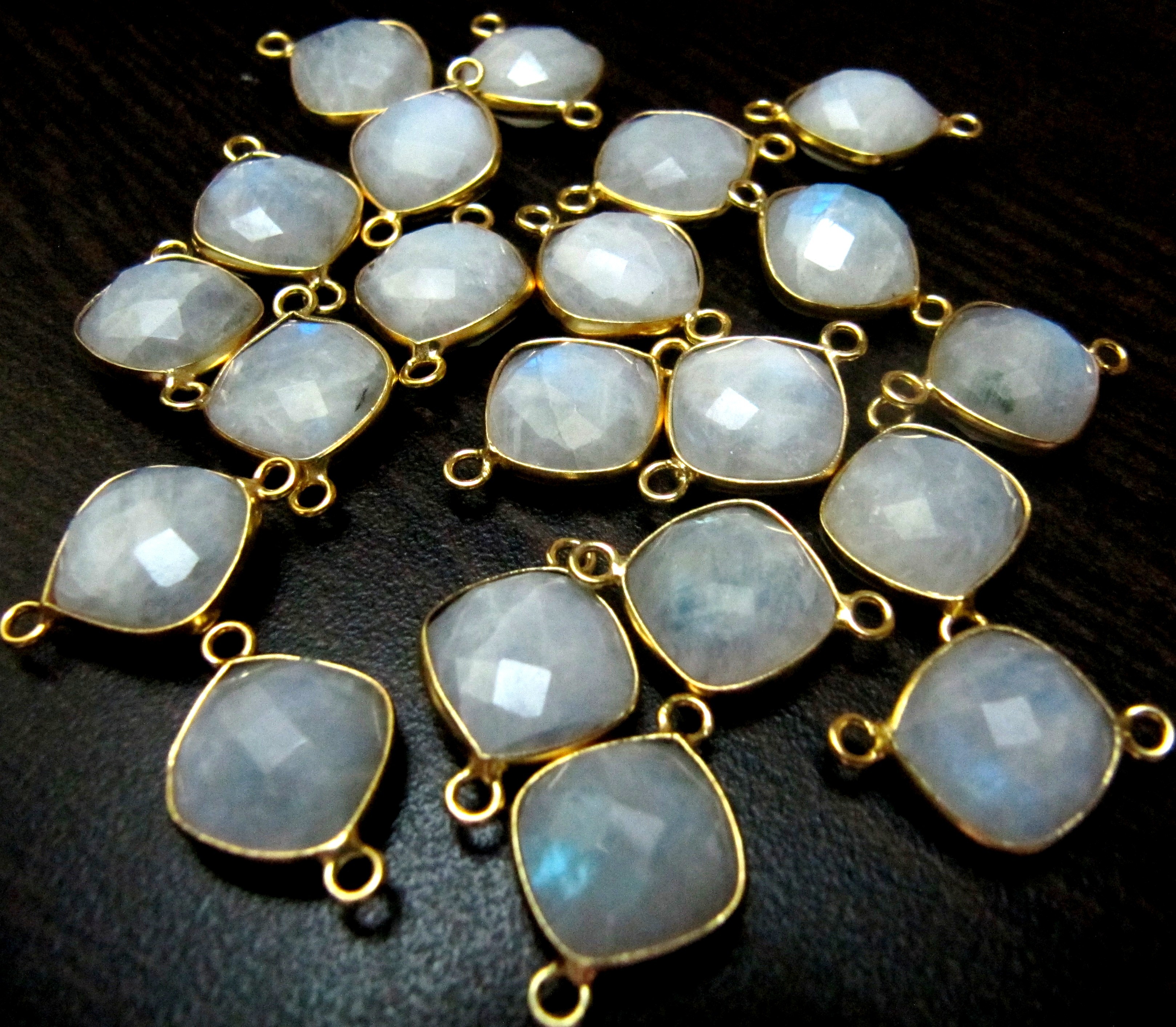 Natural White Moonstone Double Loop Briolette Connector Cushion Shape Size 11mm Gold Plated.