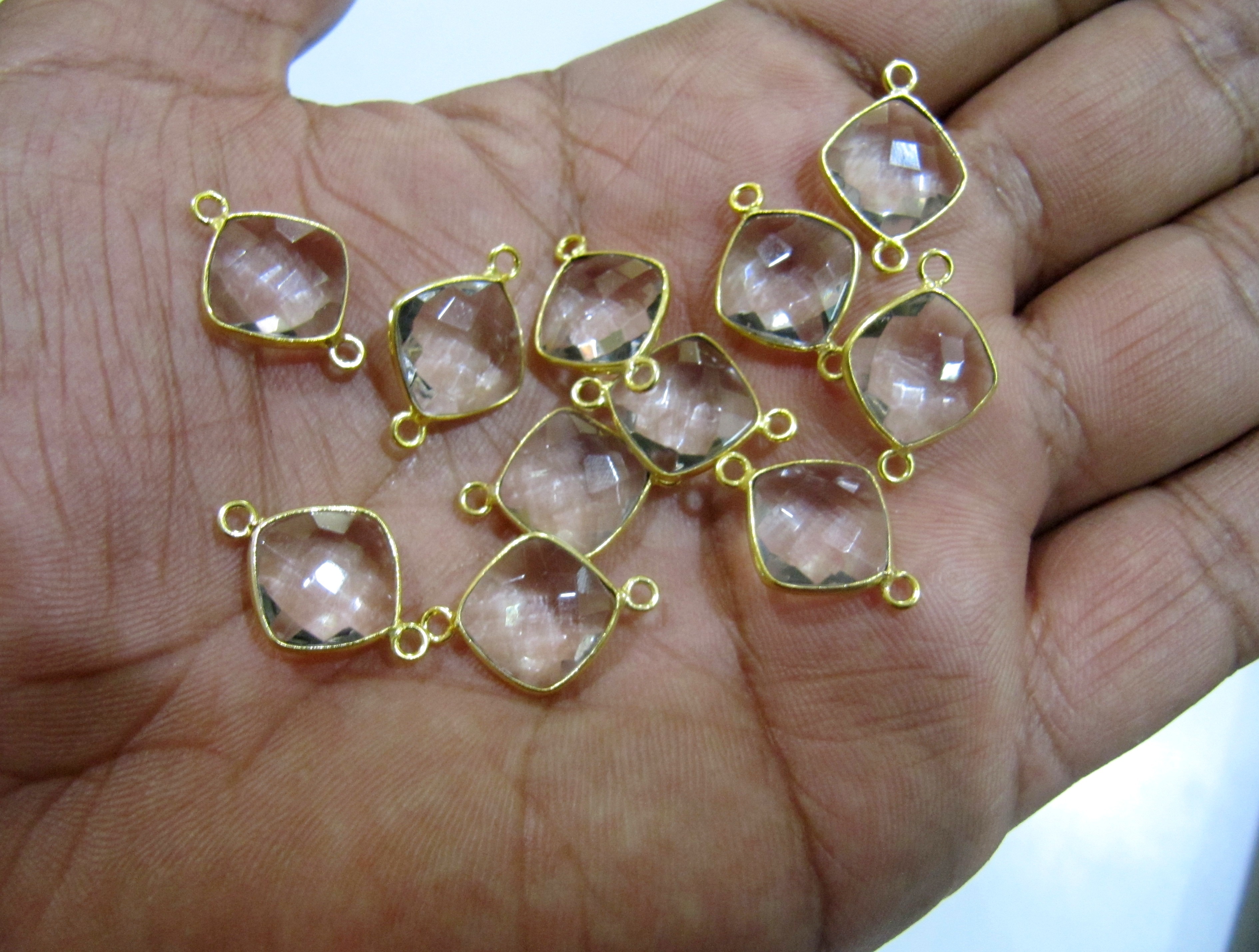 2 Pcs Natural Rock Crystal Double Loop Briolette Connector Cushion Shape 11mm Gold Plated.