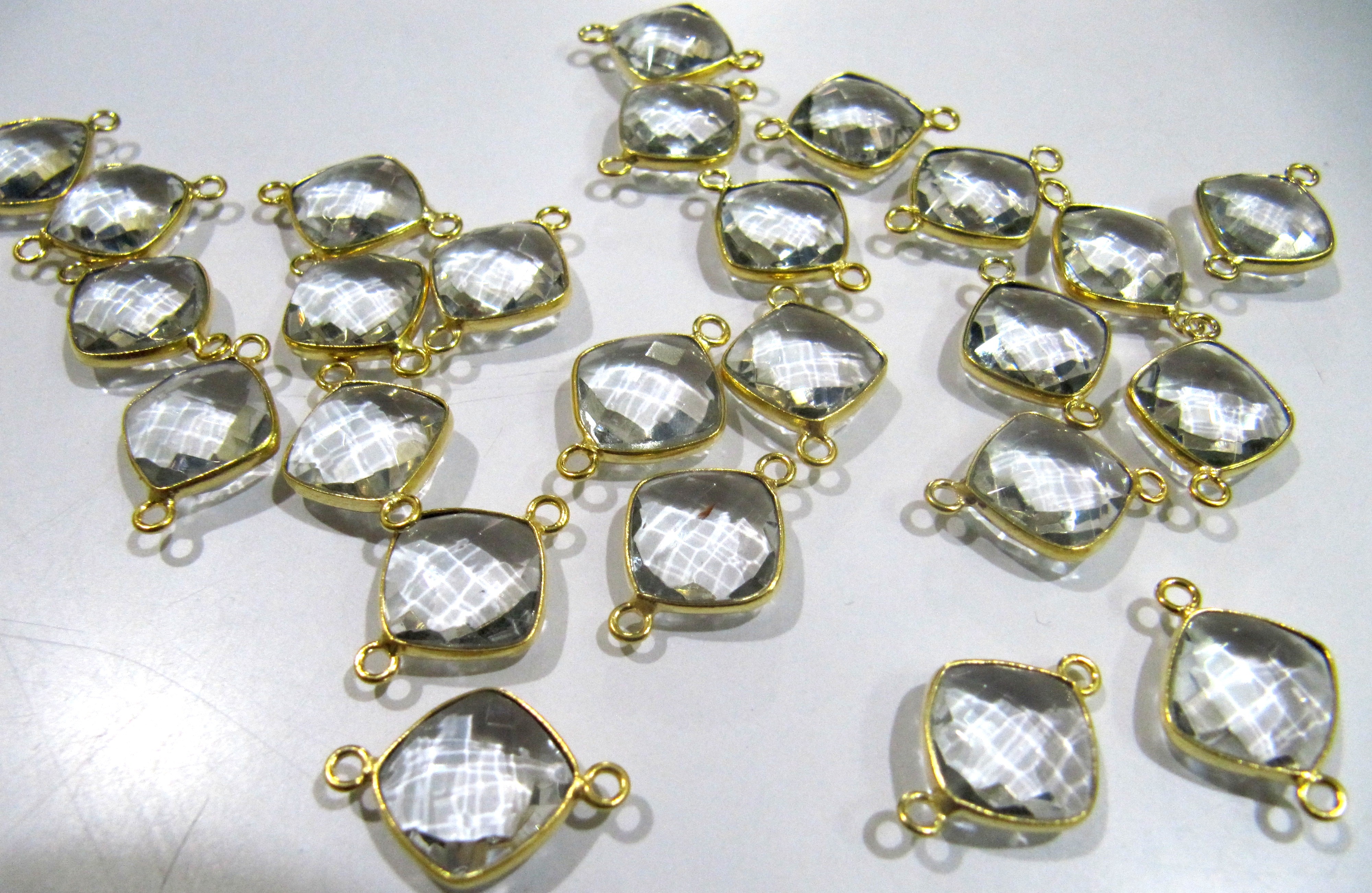 2 Pcs Natural Rock Crystal Double Loop Briolette Connector Cushion Shape 11mm Gold Plated.