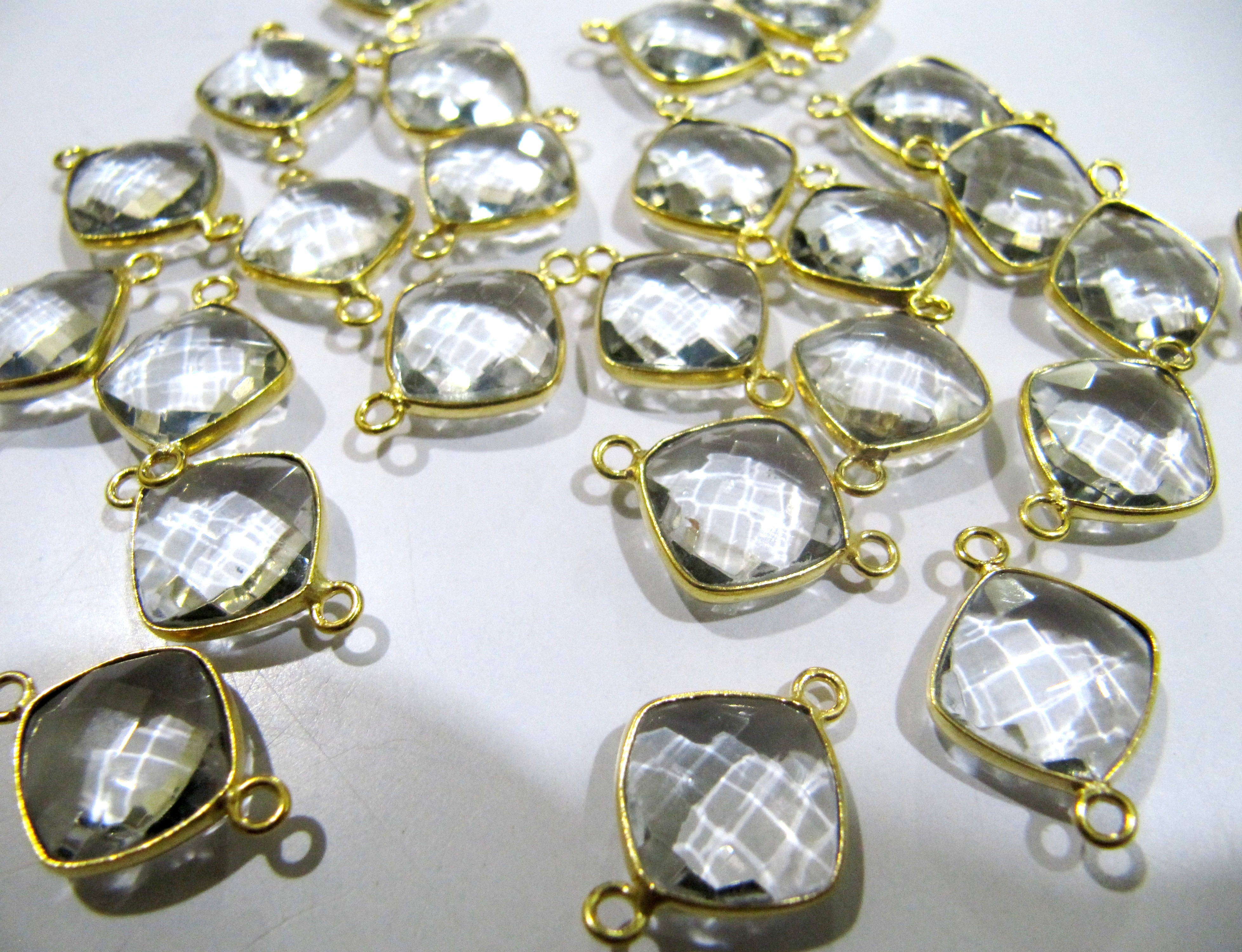 2 Pcs Natural Rock Crystal Double Loop Briolette Connector Cushion Shape 11mm Gold Plated.