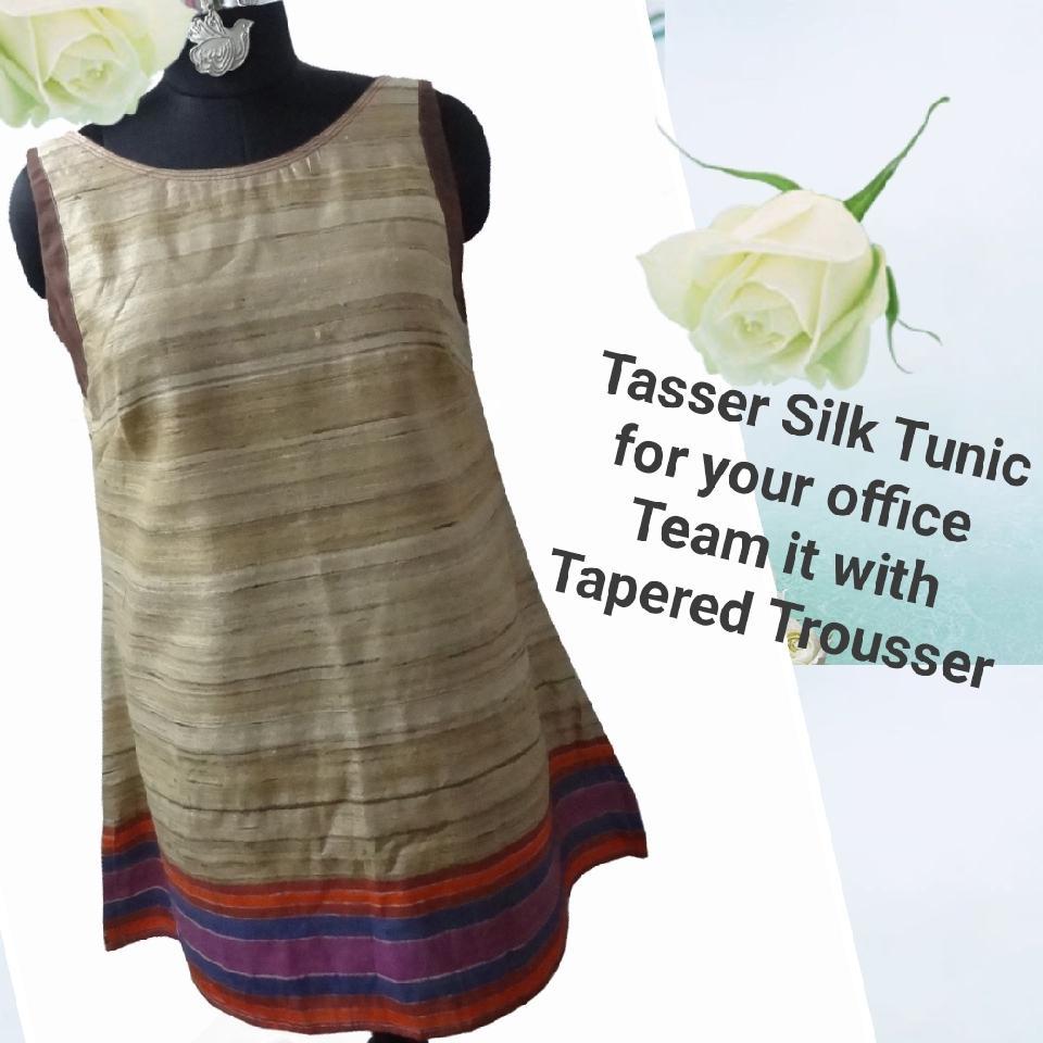 Natural Tassar Silk Tunic With Boat Neck Line