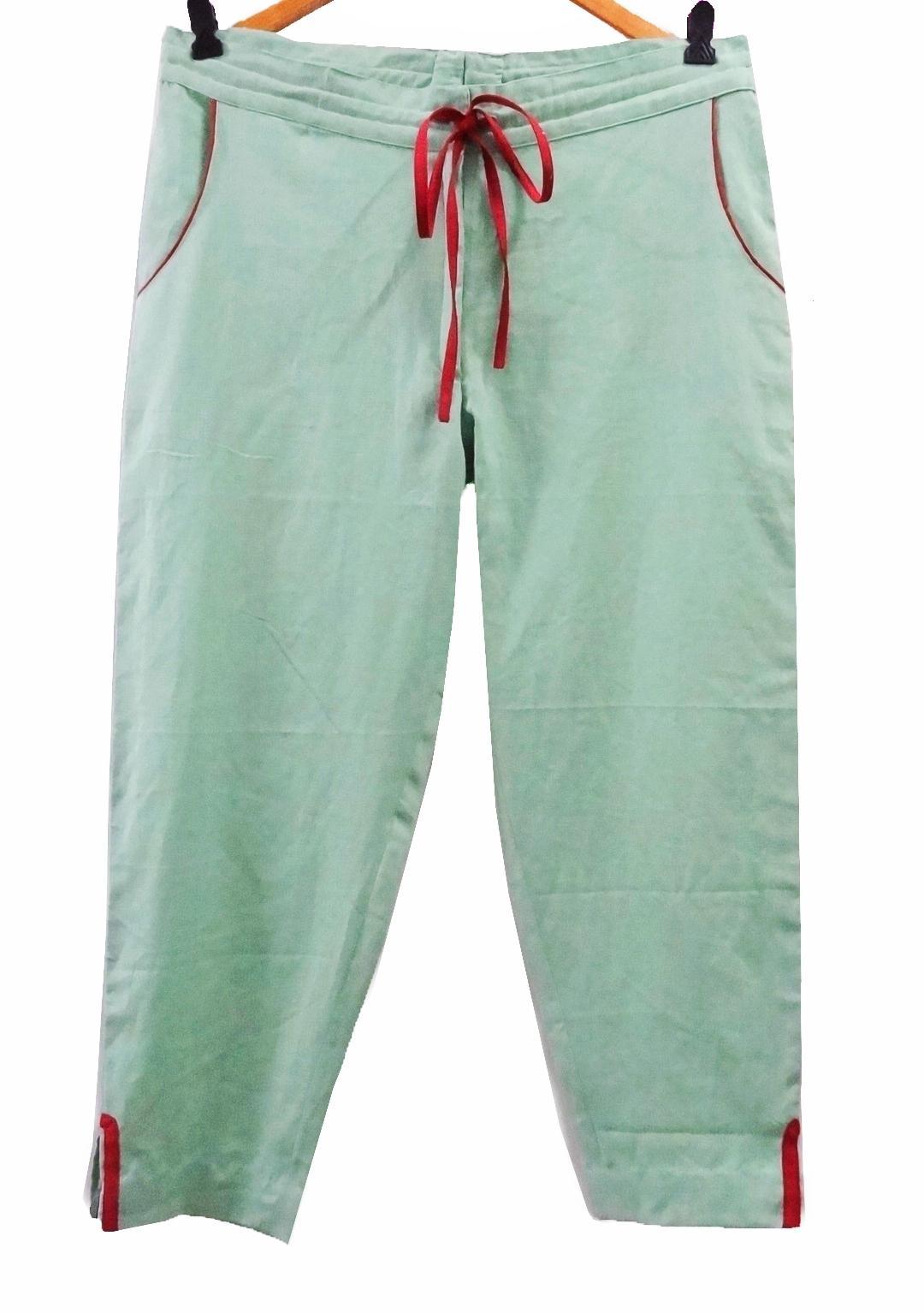 Cotton Trouser - Green, Tapered Fit With Drawstring Waist And Ankle Length, Featuring Front Pockets