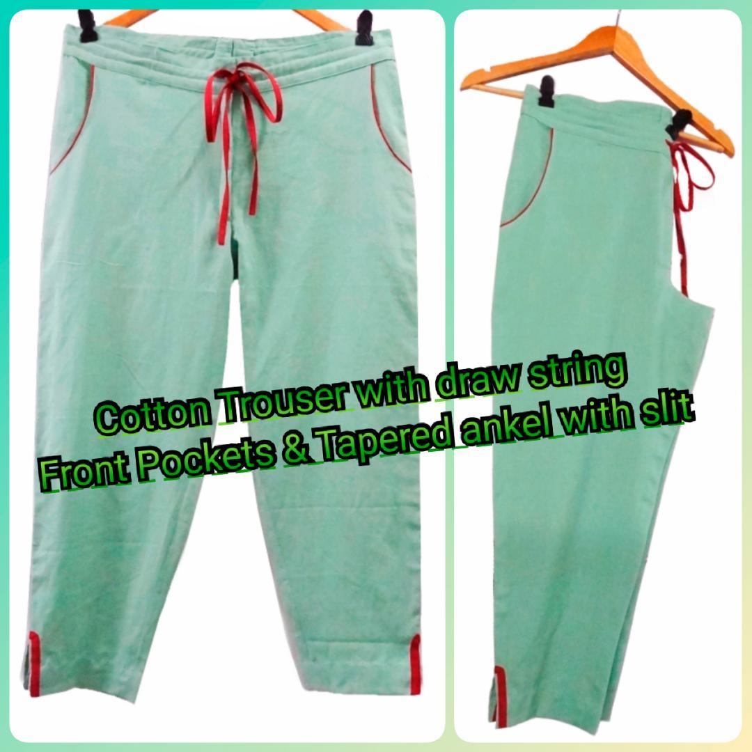 Cotton Trouser - Green, Tapered Fit With Drawstring Waist And Ankle Length, Featuring Front Pockets