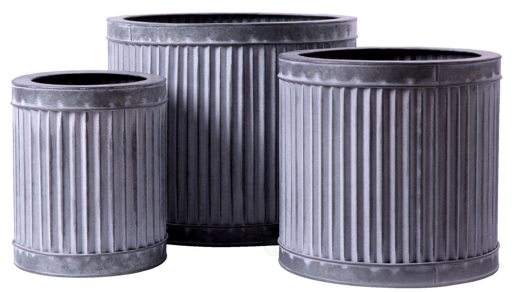 Iron Metal Corrugated Round Planter Set - Sizes: Large 17.25" Dia X 14.25" H, Medium 13.25" Dia X 12.5" H | Dark Grey, Rustic Charm, Ideal For Indoor Or Outdoor Use