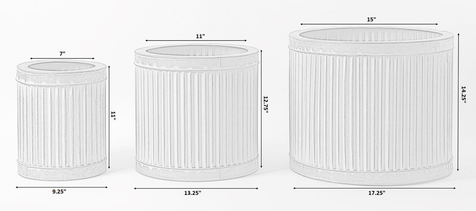 Iron Metal Corrugated Round Planter Set - Sizes: Large 17.25" Dia X 14.25" H, Medium 13.25" Dia X 12.5" H | Dark Grey, Rustic Charm, Ideal For Indoor Or Outdoor Use