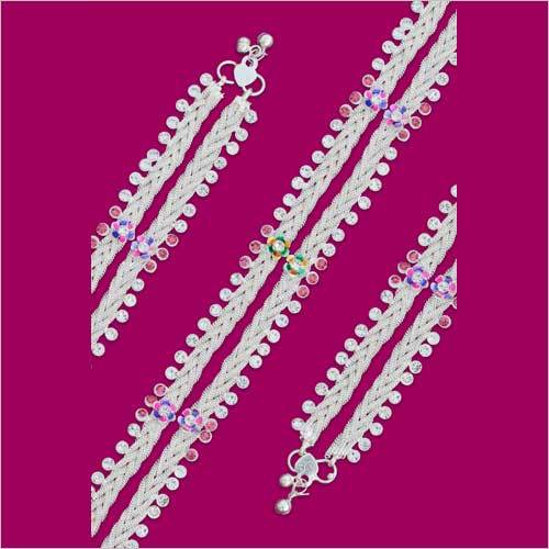 Choti Full Stone Rajkoti Anklet - Alloy Material, Double Braided Design, Silver Polish with Black Stone | Adjustable Bells for Workplace Decorum