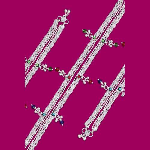 Imitation Silver Anklets - Alloy Material, Green and Red Stone Embellishments, Silver Polish with Black Stone, Tinkling Bell Accents