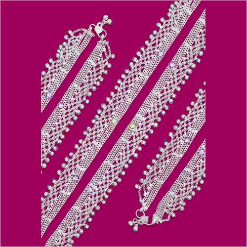 3 Chain 107 Rajkoti Anklet - Alloy, Adjustable Length, Silver Polish With Black Stone | Intricate Triple-chain Design, Lightweight, Versatile For Any Occasion