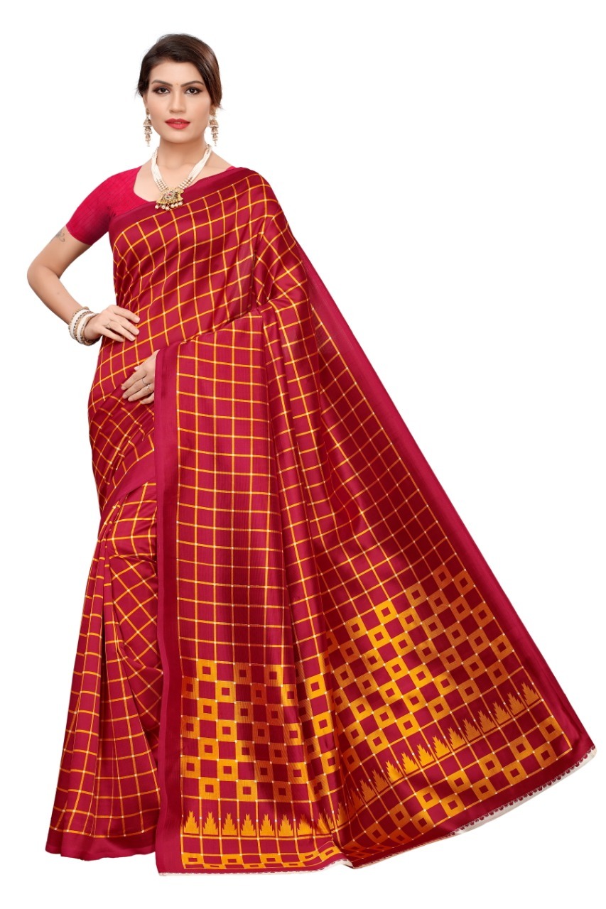 Art Silk Checks Saree - 5.5 Mtr Length, 0.8 Mtr Blouse | Premium Art Silk Fabric, Seasonal Versatility For All Occasions