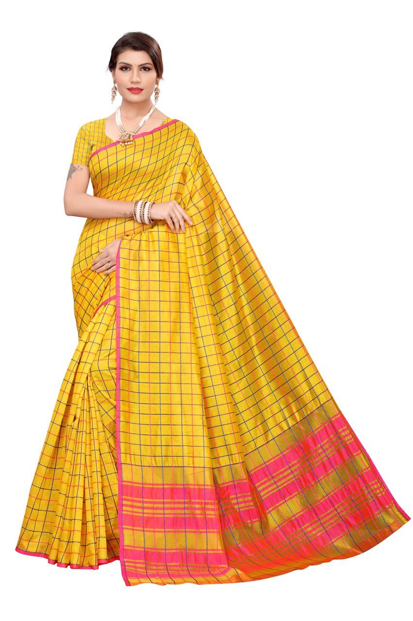 Designer Cotton Checks Silk Saree - Cotton Silk, Length: 5.5 Mtr, Blouse Length: 0.8 Mtr | Seasonal Versatility: Summer, Winter, Rainy, Spring, Unique Checked Pattern