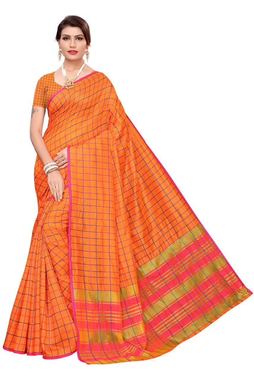 Designer Cotton Checks Silk Saree - Cotton Silk, Length: 5.5 Mtr, Blouse Length: 0.8 Mtr | Seasonal Versatility: Summer, Winter, Rainy, Spring, Unique Checked Pattern