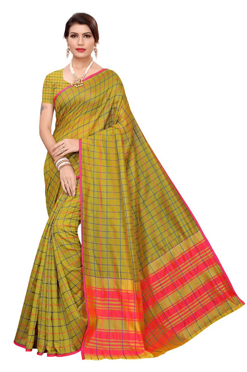 Designer Cotton Checks Silk Saree - Cotton Silk, Length: 5.5 Mtr, Blouse Length: 0.8 Mtr | Seasonal Versatility: Summer, Winter, Rainy, Spring, Unique Checked Pattern