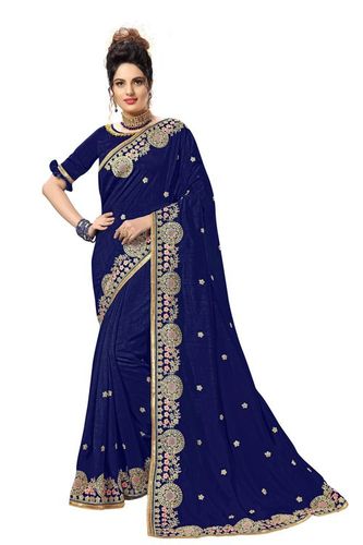 Blue Satin Geometric Embroidered Saree Collection