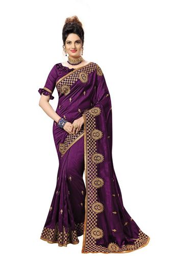 Purple Satin Geometric Embroidered Saree Collection