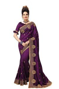 Purple Satin Geometric Embroidered Saree Collection