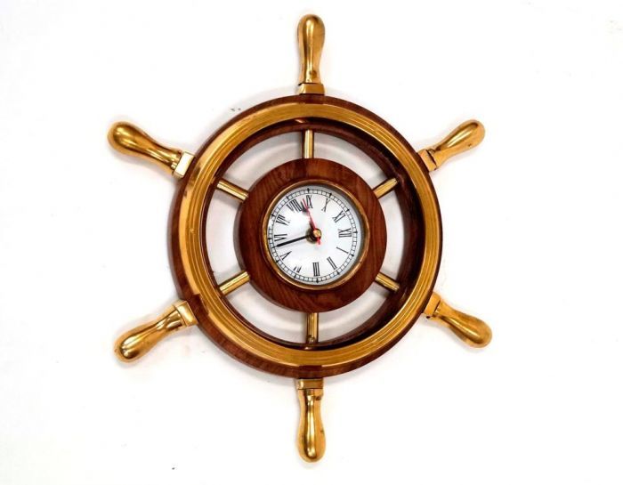 Wooden Ship Wheel Clock - 12 Inch Round, Solid Brass Handles And Trims, Golden And Brown Decorative Style