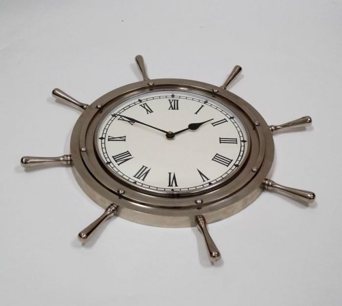 Wooden Ship Wheel Clock - 12 Inch Round, Solid Brass Handles And Trims, Golden And Brown Decorative Style