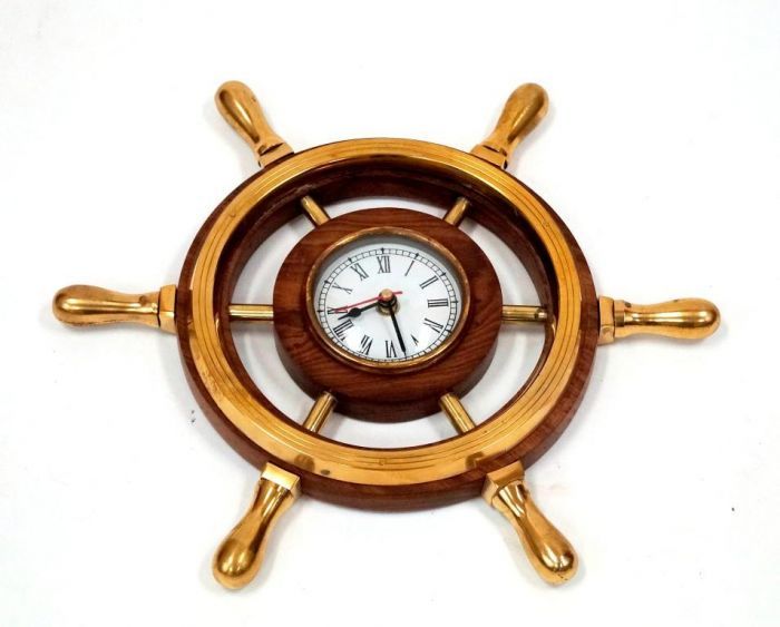 Wooden Ship Wheel Clock - 12 Inch Round, Solid Brass Handles And Trims, Golden And Brown Decorative Style