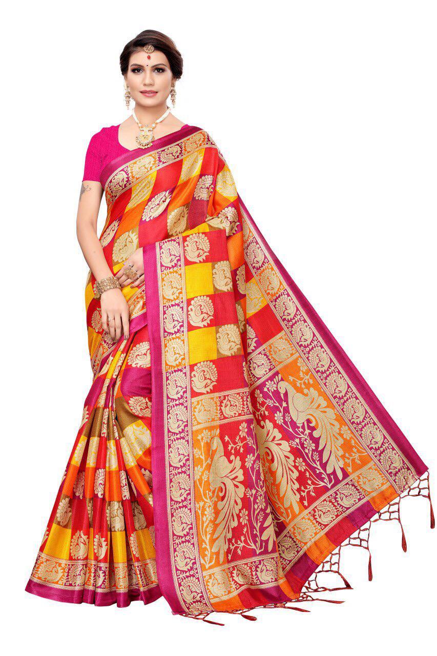 Kalamkari Silk Saree With Jhalar - Khadi Silk, 5.5 Mtr Length, 0.8 Mtr Blouse | Printed Pattern, Suitable For All Seasons, Unique Design