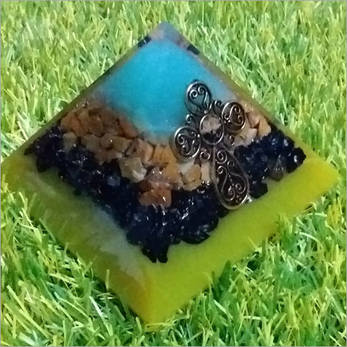Orgone Yellow Aventurine With Logo Pyramid - Yellow Jasper with Black Tourmaline, 3 to 3.5 inches, Golden Color, Solid & Polished Finish, Pyramid Shape