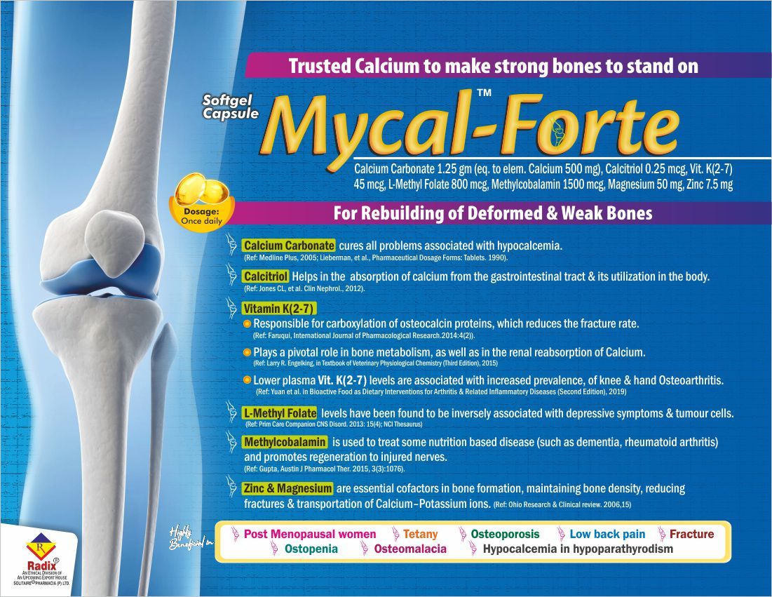 Calcium Carbonate 1.25 Gm Eq. To Elem. Cal. 500 Mg, Calcitriol 0.25 Mcg, Vitamin K(2-7) 45 Mcg, L-methylfolate 800 Mcg, Methylcobalamin 1500 Mcg, Magnesium 50 Mg, Zinc 7.5 Mg Health Supplements