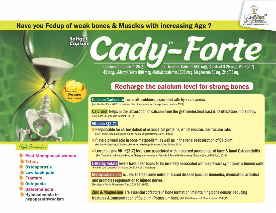 Calcium Carbonate 1.25 Gm Eq. To Elem. Cal. 500 Mg, Calcitriol 0.25 Mcg, Vitamin K(2-7) 45 Mcg, L-methylfolate 800 Mcg, Methylcobalamin 1500 Mcg, Magnesium 50 Mg, Zinc 7.5 Mg Health Supplements