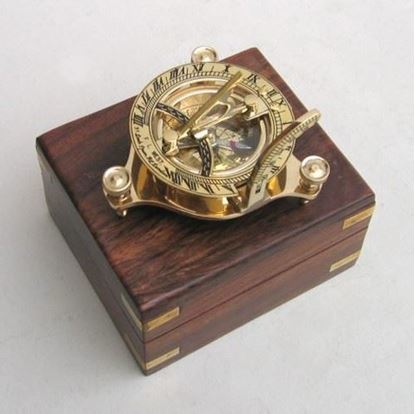 Folding Brass Sun Dial Compass With Wooden Case