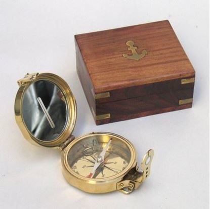 Folding Brass Sun Dial Compass With Wooden Case