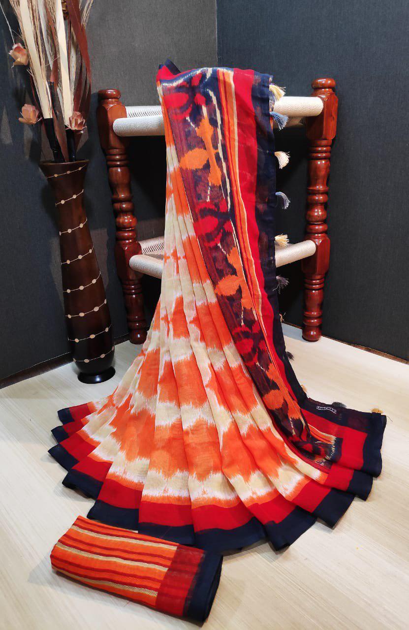 Multy Ladies Printed Linen Silk Saree