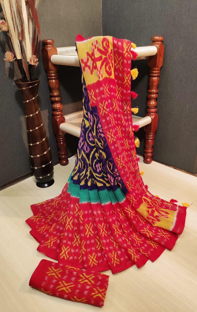 Multy Ladies Printed Linen Silk Saree