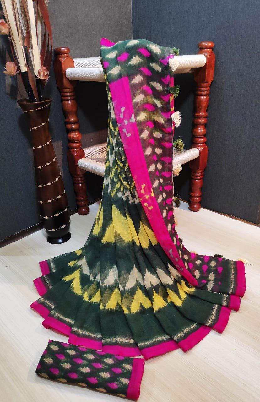 Multy Ladies Printed Linen Silk Saree