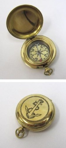 Solid Brass Dalvey Compass Ship Design - Small Round Golden Brass, Nautical Theme, Push Button Lid, Chain Loop
