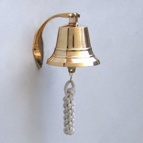 Solid Brass Engraved Bracket Bell Titanic - Golden Color, Hand Built, Hanging Style | Decorative Outdoor Marine Theme, White Braid