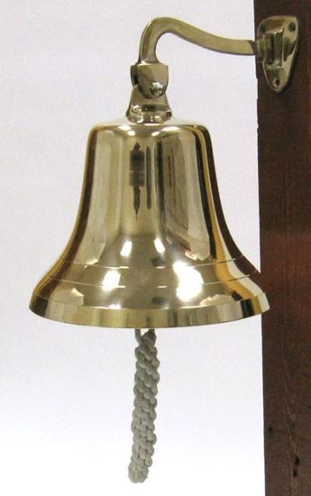 Solid Brass Engraved Bracket Bell Titanic - Golden Color, Hand Built, Hanging Style | Decorative Outdoor Marine Theme, White Braid