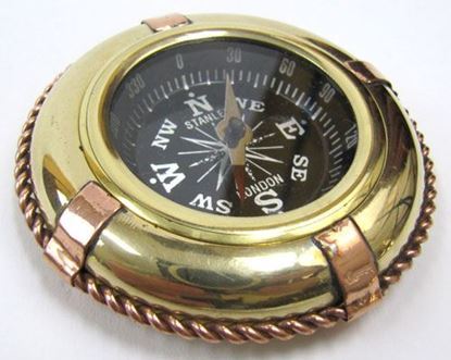 Lifebuoy Compass - Solid Brass And Copper Small Round, Gold And Brown | Nautical Paperweight With Large Compass Face